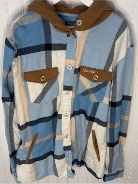 Yee Yee Women's Blue Plaid Button-Down Hooded Shirt Jacket Shacket